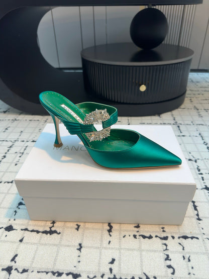 Manolo Satin Maidugura Mules 90mm Green Teal Satin