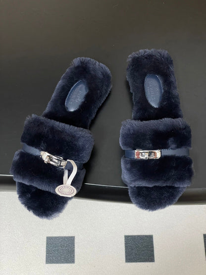 Hermes Giulia Kelly Buckle H-Slippers Navy Blue in Wool 594324