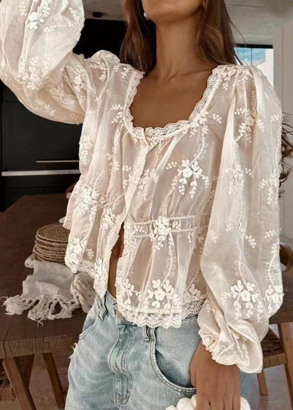 Embroidered Lace Peplum Blouse Lightweight White