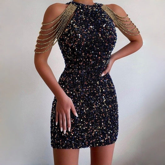Crystal Chain Mermaid Sequin Evening Dress