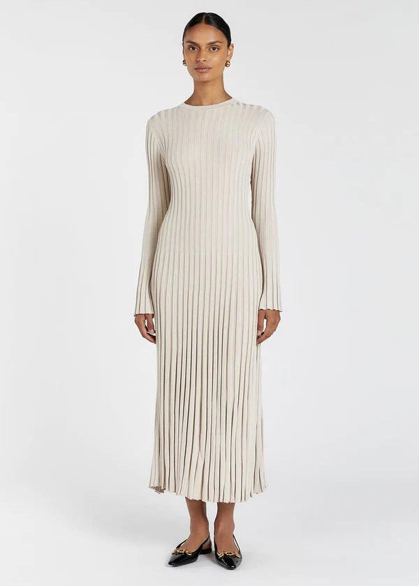 Pleated Ribbed Knit Midi Dress In Soft Fabric