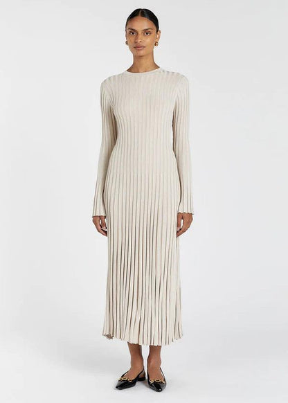 Pleated Ribbed Knit Midi Dress In Soft Fabric