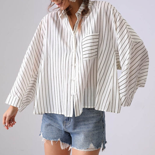 Casual Striped Lapel Collar Batwing Sleeve Top