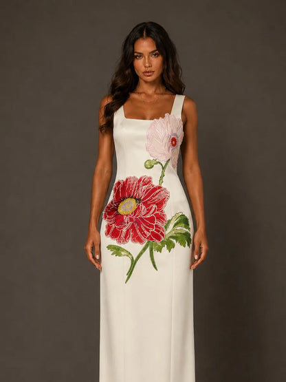 Eloisa Maxi Dress with Embroidered Large Floral Panels