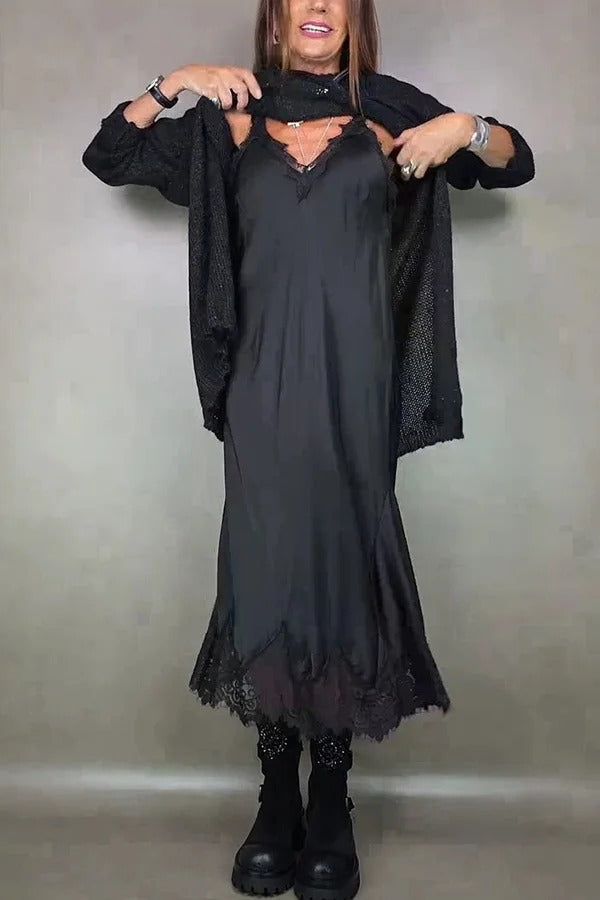 Retro knitted slit two-piece long skirt