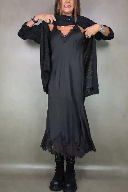 Retro knitted slit two-piece long skirt