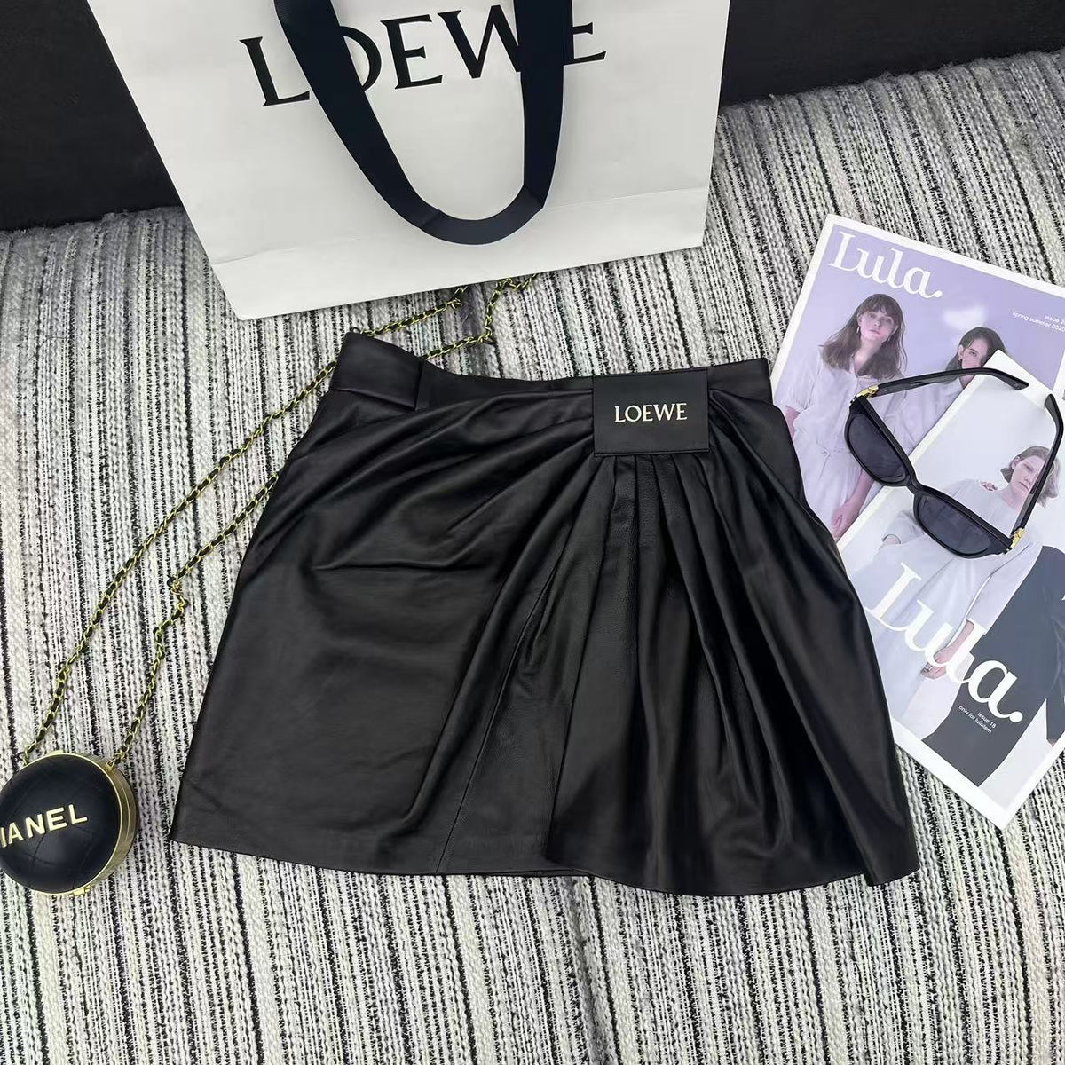 Loewe Draped Midi Skirt Black Nappa Leather 348568