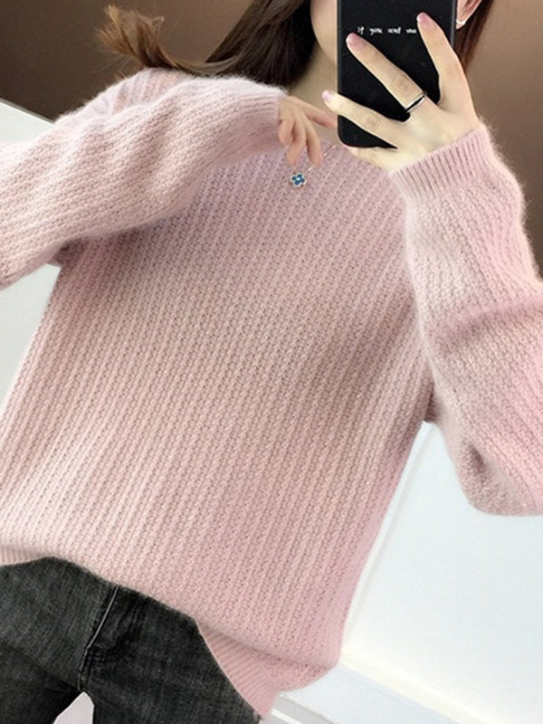 Simple Casual Loose 4 Colors Round-Neck Long Sleeves Sweater Top