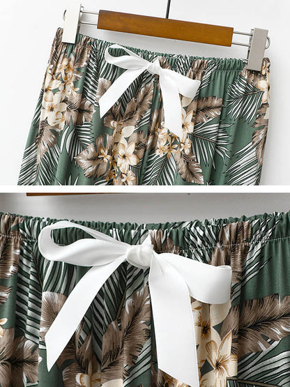 Casual Loose Seven-Quarter Sleeves V-Neck Shirts& Printed Pants Pajama Sets
