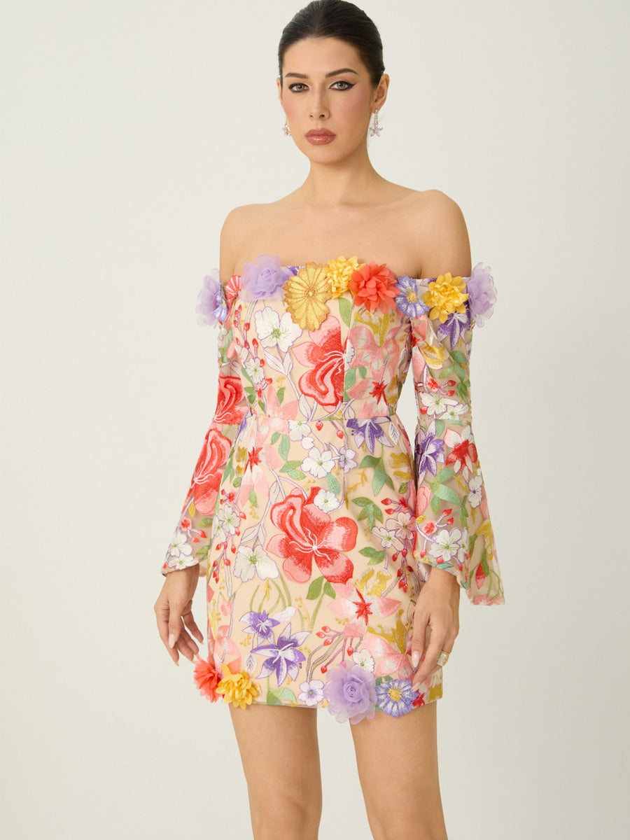 Mila Multi Floral Applique Off Shoulder Mini Dress
