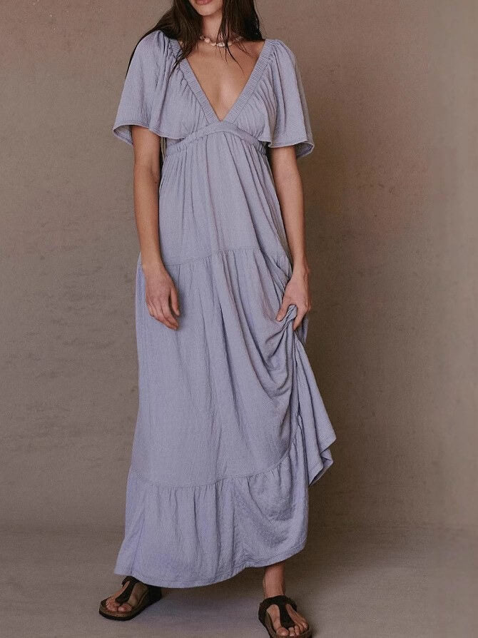 V-Neck Backless Short Sleeves Maxi Dress