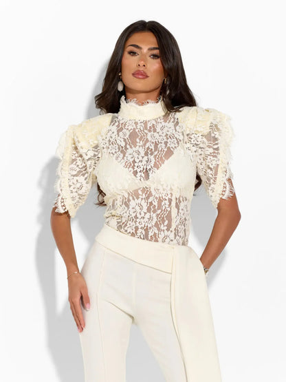 Rosalie Lace High Neck Top & Wide Leg Pants Set