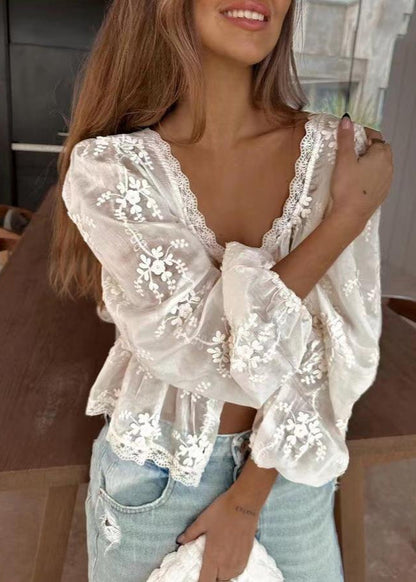 Embroidered Lace Peplum Blouse Lightweight White