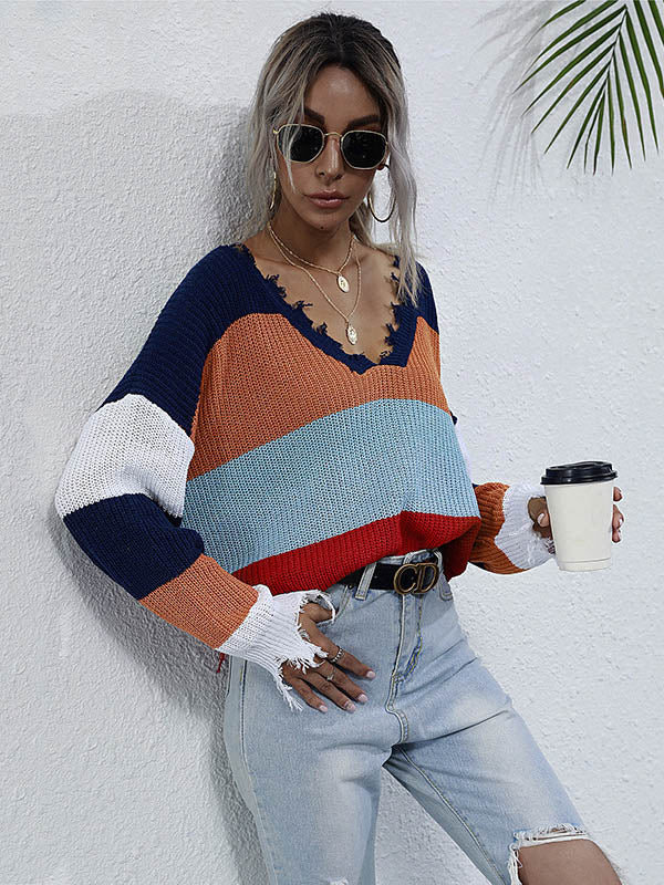 Urban Loose Fringed Contrast Color V-Neck Sweater