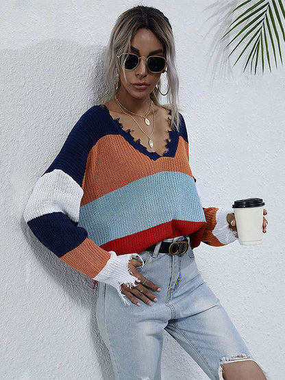 Urban Loose Fringed Contrast Color V-Neck Sweater