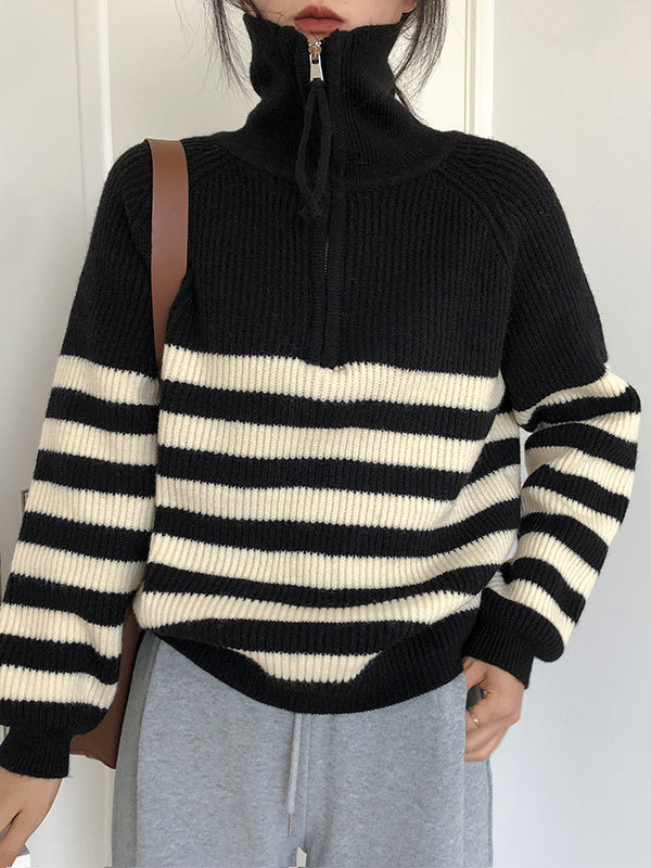 Urban Striped Zipper High-Neck Sweater Tops Pullovers