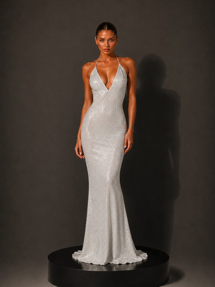Penelope Rhinestone Sexy V-Neck Backless Maxi Dress