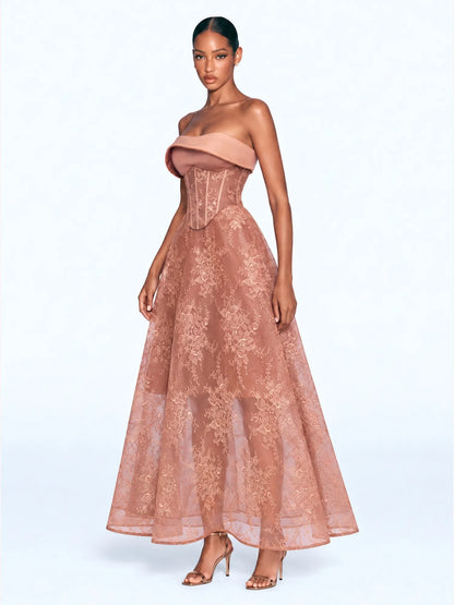 Roxana Foldover Corset Maxi Dress In Coffee