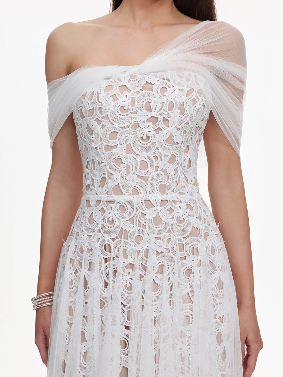 Liliana Elegant Tailored Off Shoulder Lace Tulle Maxi Dress