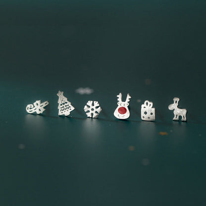 Cute Silver Mini Reindeer Christmas Earrings Set