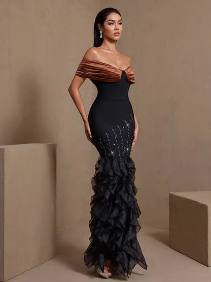Inara Rhinestone Rippled Edge Slit Bandage Maxi Dress