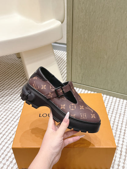 LV Squad Mary Jane Brown Black Monogram Canvas 556408