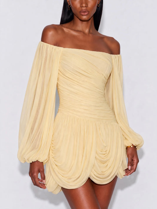 Arwen Off Shoulder Ruched Chiffon Mini Dress In Yellow