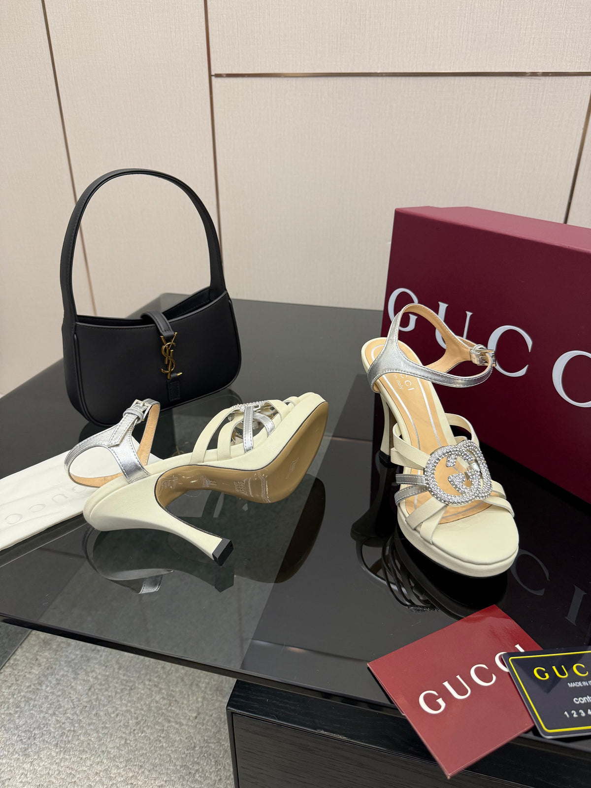 GG Pump 10.5cm With Crystal Interlocking G Ivory Sliver Leather