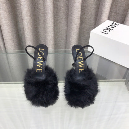 Loewe 25SS Fur-lined Mule 100 Black in Fox Fur 597440