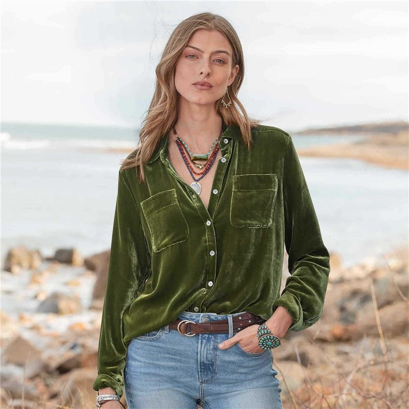 Loose Fitting Simple Solid Color Velvet Shirt