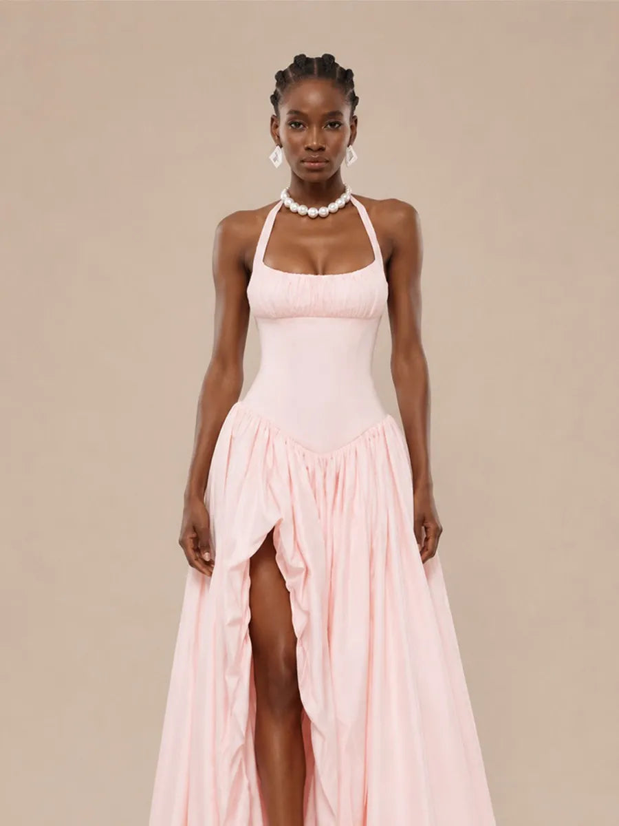Shayla Halter-neck Ruffled Maxi Dress with Slit
