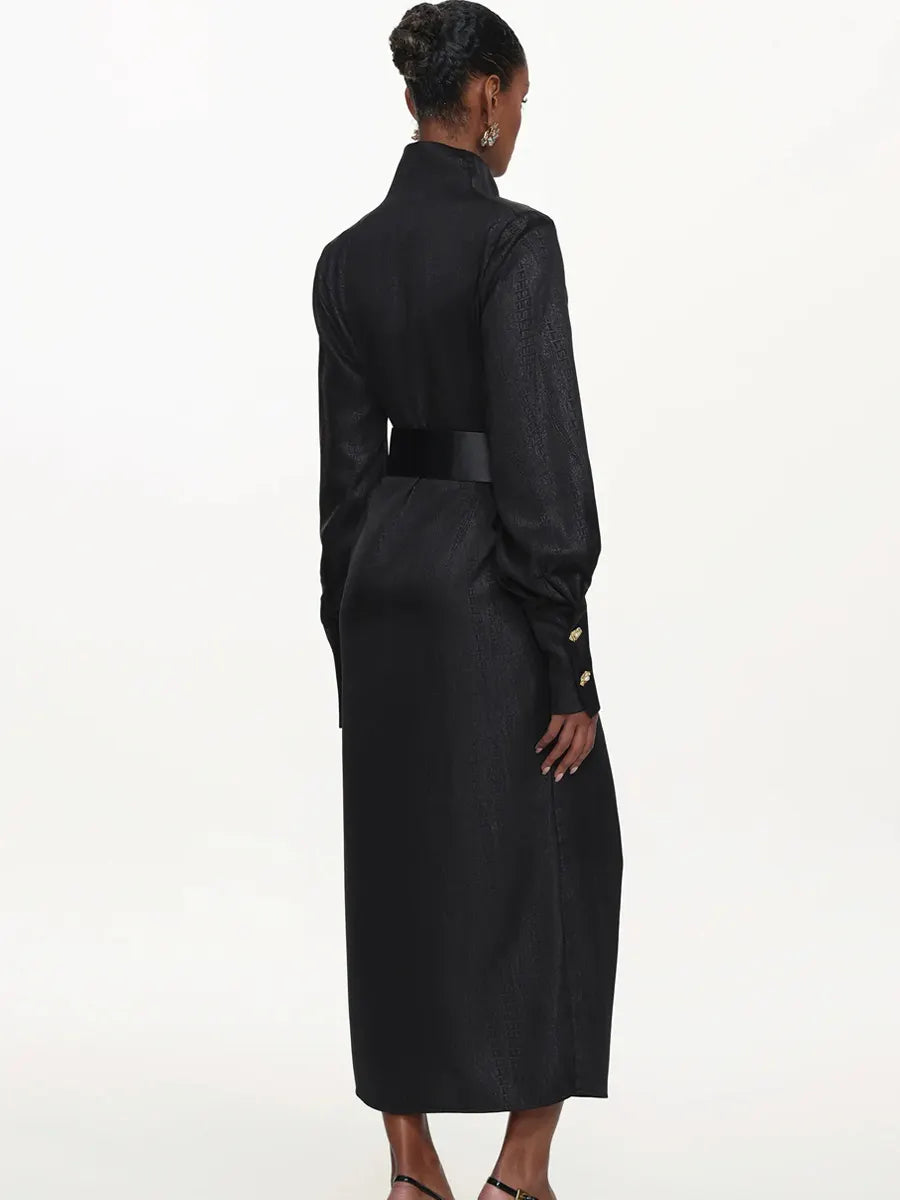 Azariah Cowl Neck Long Sleeve Belted Maxi Dress