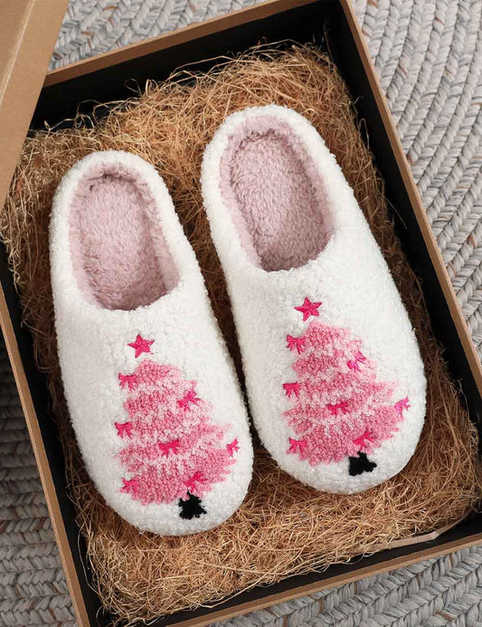 Pink Christmas Tree Print Plush Winter Slippers