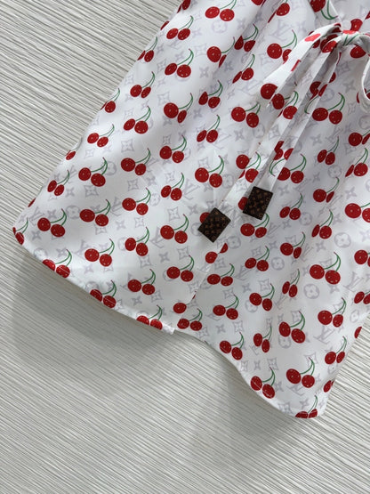LV 25S Cherry Printed Dress White Red Poliester