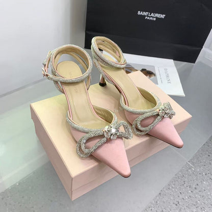Mach & Mach Rhinestone Double Bow 65mm Sandals Pink Silk
