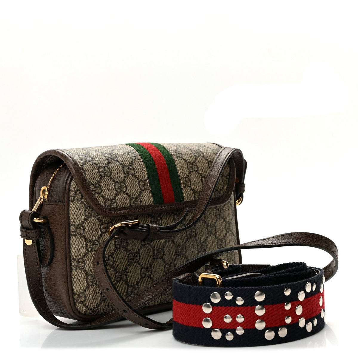 GG Supreme Monogram Textured Dollar Calfskin Web Studded Mini Ophidia Flap Shoulder Bag Beige Ebony New Acero