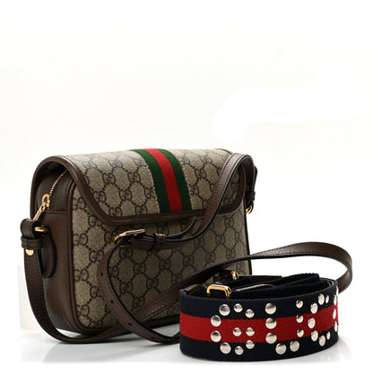 GG Supreme Monogram Textured Dollar Calfskin Web Studded Mini Ophidia Flap Shoulder Bag Beige Ebony New Acero