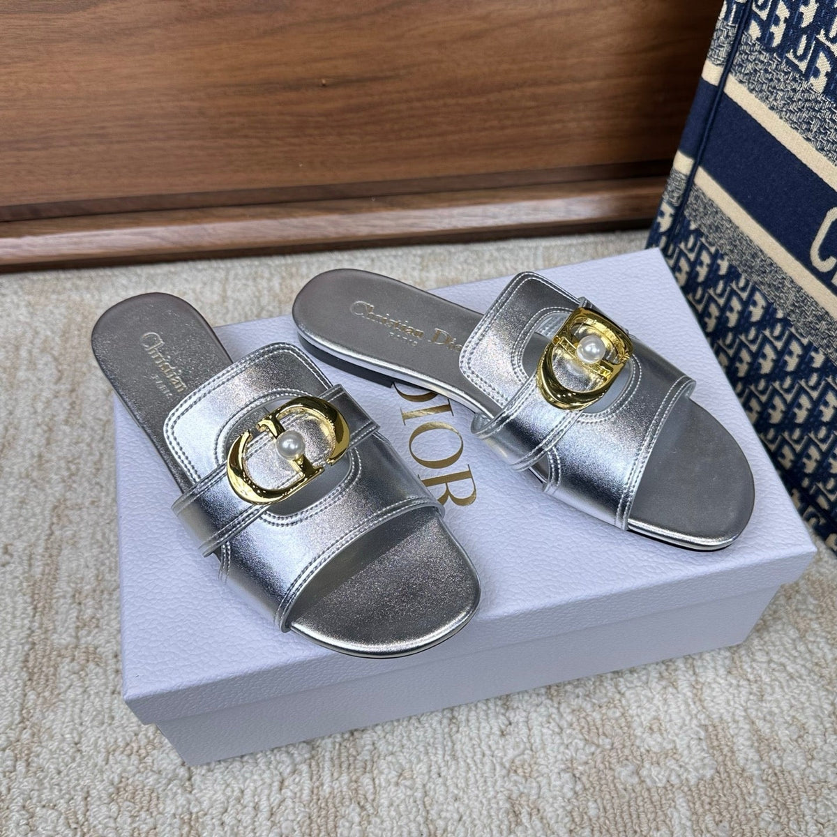 CD Montaigne Sandals Metallic Silver in Calfskin 598166