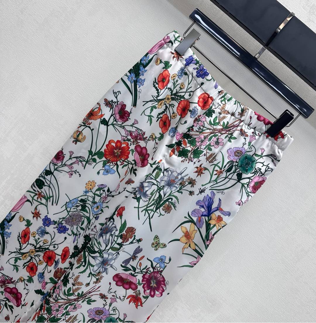 GG SS26 Printed Straight Leg Trousers White Multicolor Silk 351693