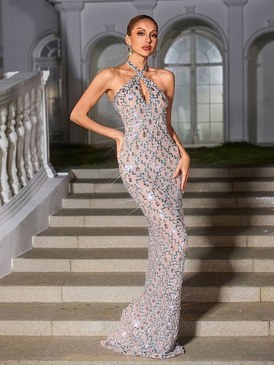 Liora Backless Sequin Crystal Maxi Dress
