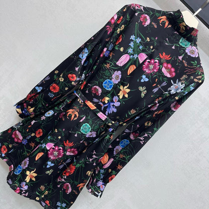 GG SS26 Flora Print Mini Dress Black Multicolor Silk 351771