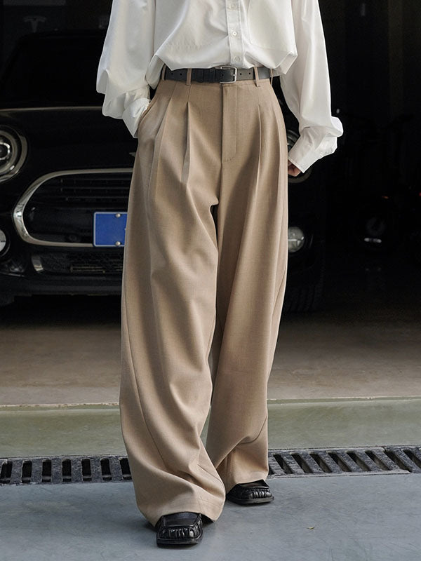 High Waisted Loose Pleated Solid Color Split-Joint Casual Pants Bottoms Trousers