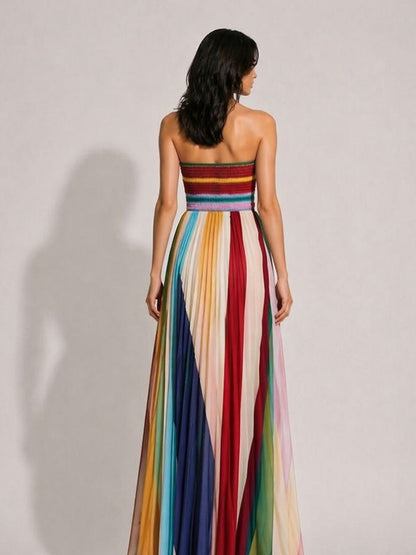 Aniya Elegant Waist-Cinching Pleated Printed Maxi Dress