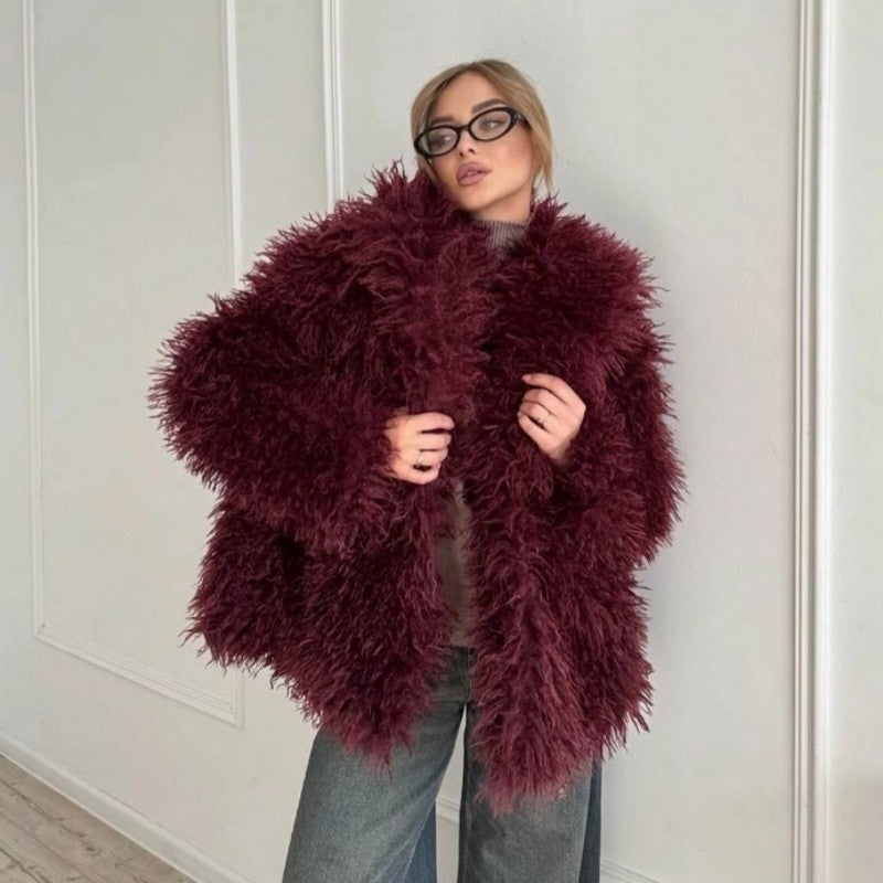 Faux Fur Coat Large Lapel Raglan Sleeve Winter Outerwear