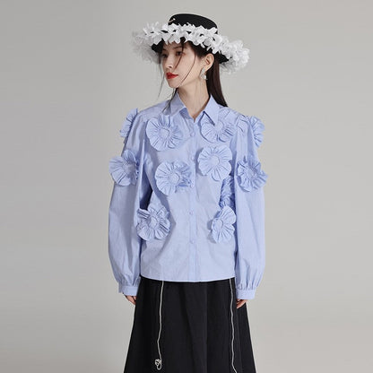 Cotton Long Sleeve Shirt With 3D Floral Embroidery