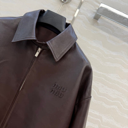 Miu SS26 Nappa Leather Blouson Jacket Marrone Lambskin 348080