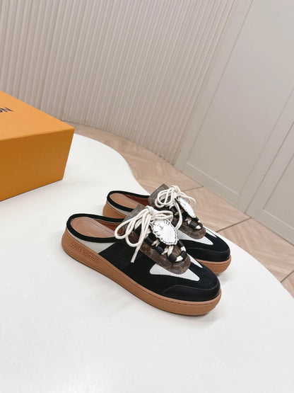 LV 2026 Lous Open Back Sneaker Black Brown Suede Canvas Leather 595415