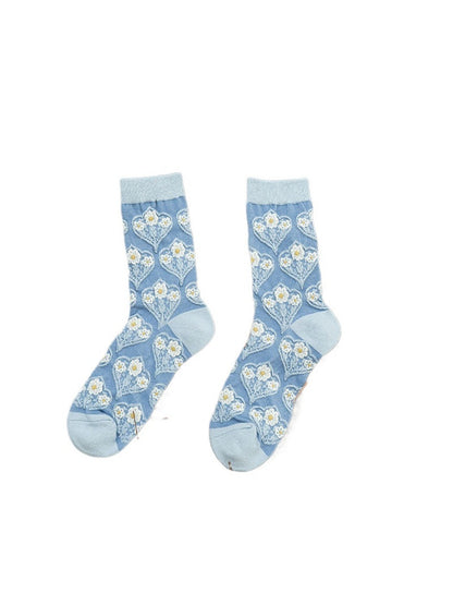 Rufia - Retro Blue Floral Mid-Calf Socks - Classic &amp; Elegant