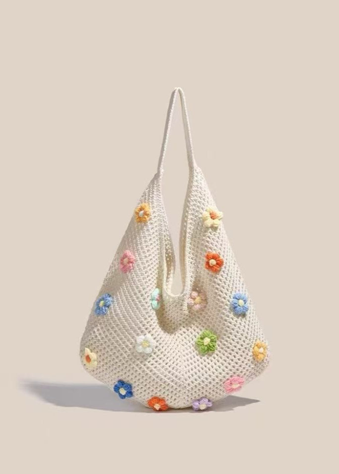 Crochet Shoulder Bag with Colorful 3D Floral Accents