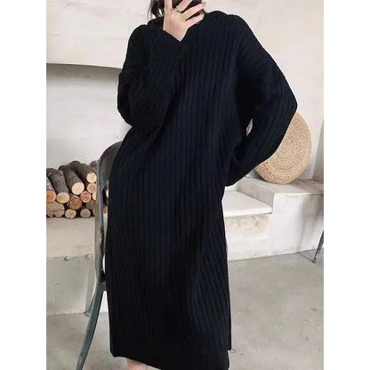 Simple Loose Long Sleeves Drawstring Solid Color Hooded Sweater Dresses